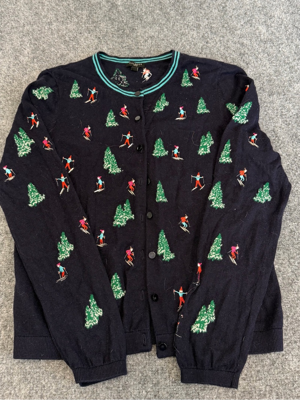 Talbots Navy Ski & Tree Cardigan with Green and Red Accents